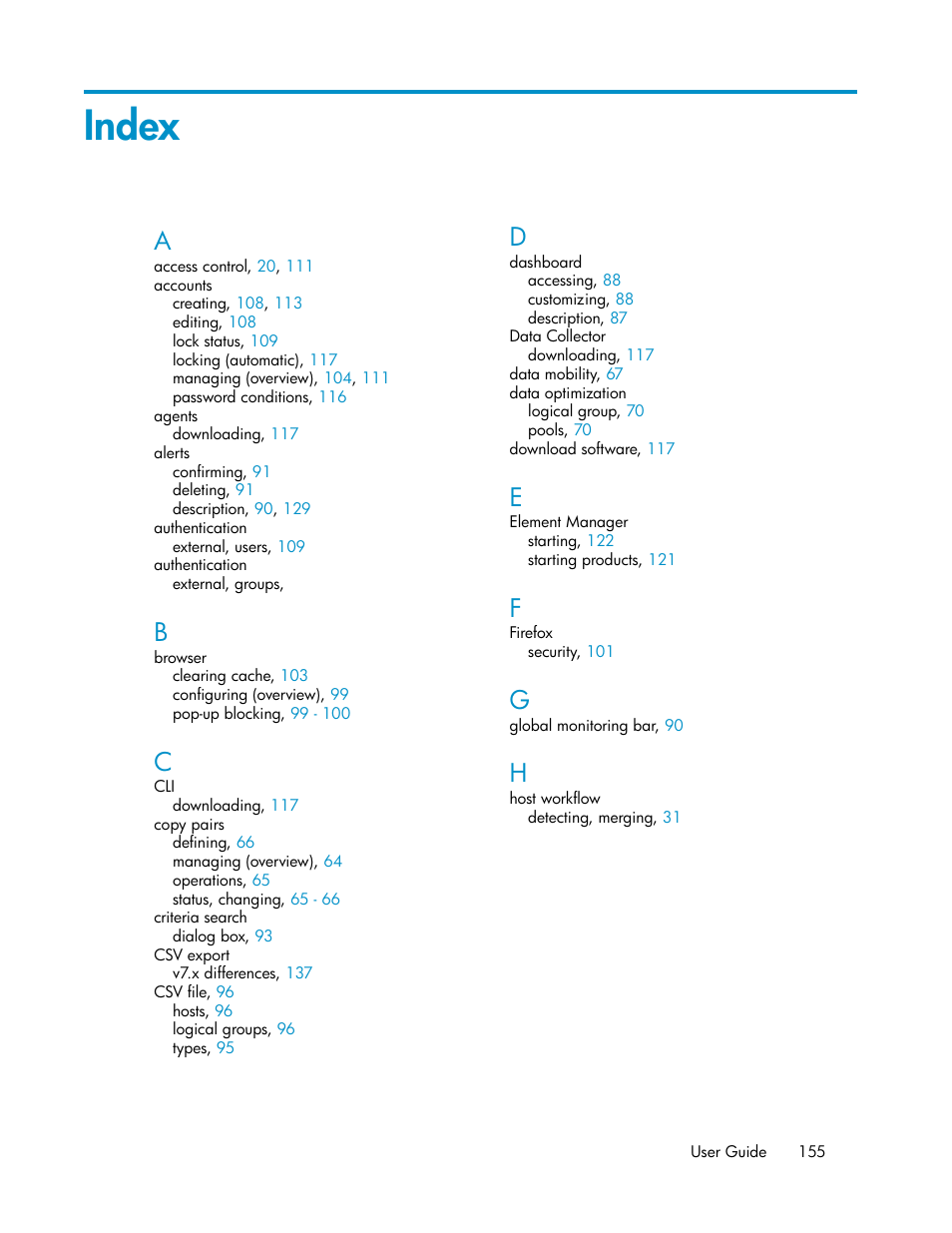 Index | HP XP Racks User Manual | Page 155 / 158