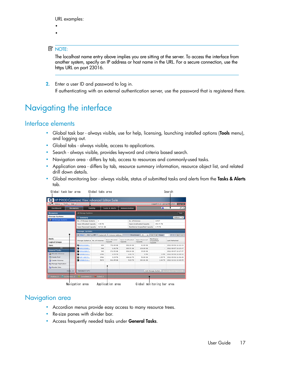 Navigating the interface, Interface elements, Navigation area | HP XP Racks User Manual | Page 17 / 158