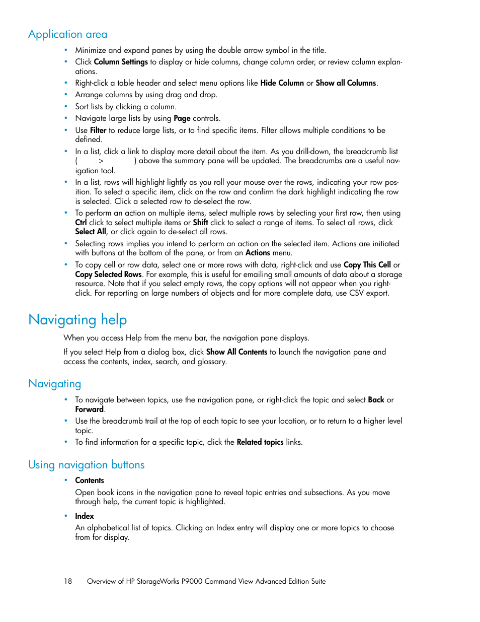 Navigating help, Application area, Navigating | Using navigation buttons | HP XP Racks User Manual | Page 18 / 158