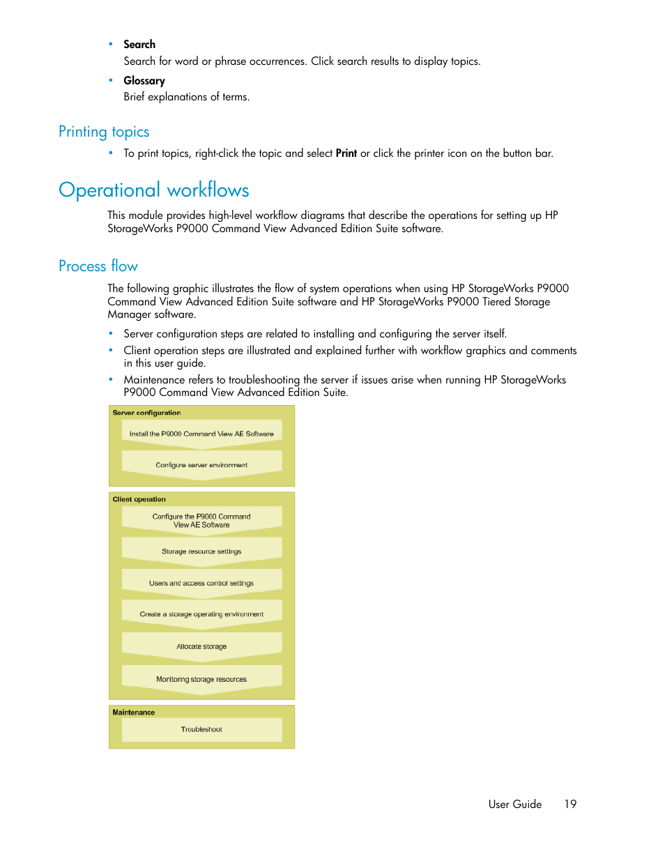 Operational workflows, Process flow, Printing topics | HP XP Racks User Manual | Page 19 / 158