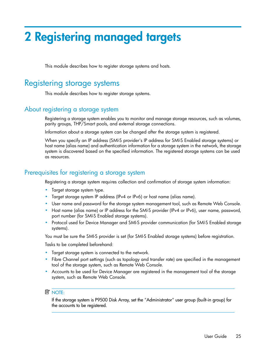 2 registering managed targets, Registering storage systems, About registering a storage system | Prerequisites for registering a storage system, 25 prerequisites for registering a storage system | HP XP Racks User Manual | Page 25 / 158