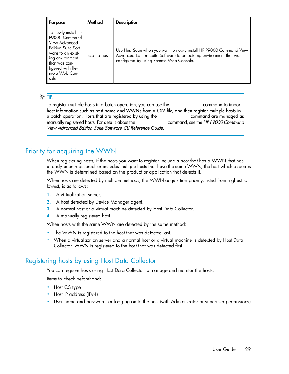 Priority for acquiring the wwn, Registering hosts by using host data collector, 29 registering hosts by using host data collector | HP XP Racks User Manual | Page 29 / 158