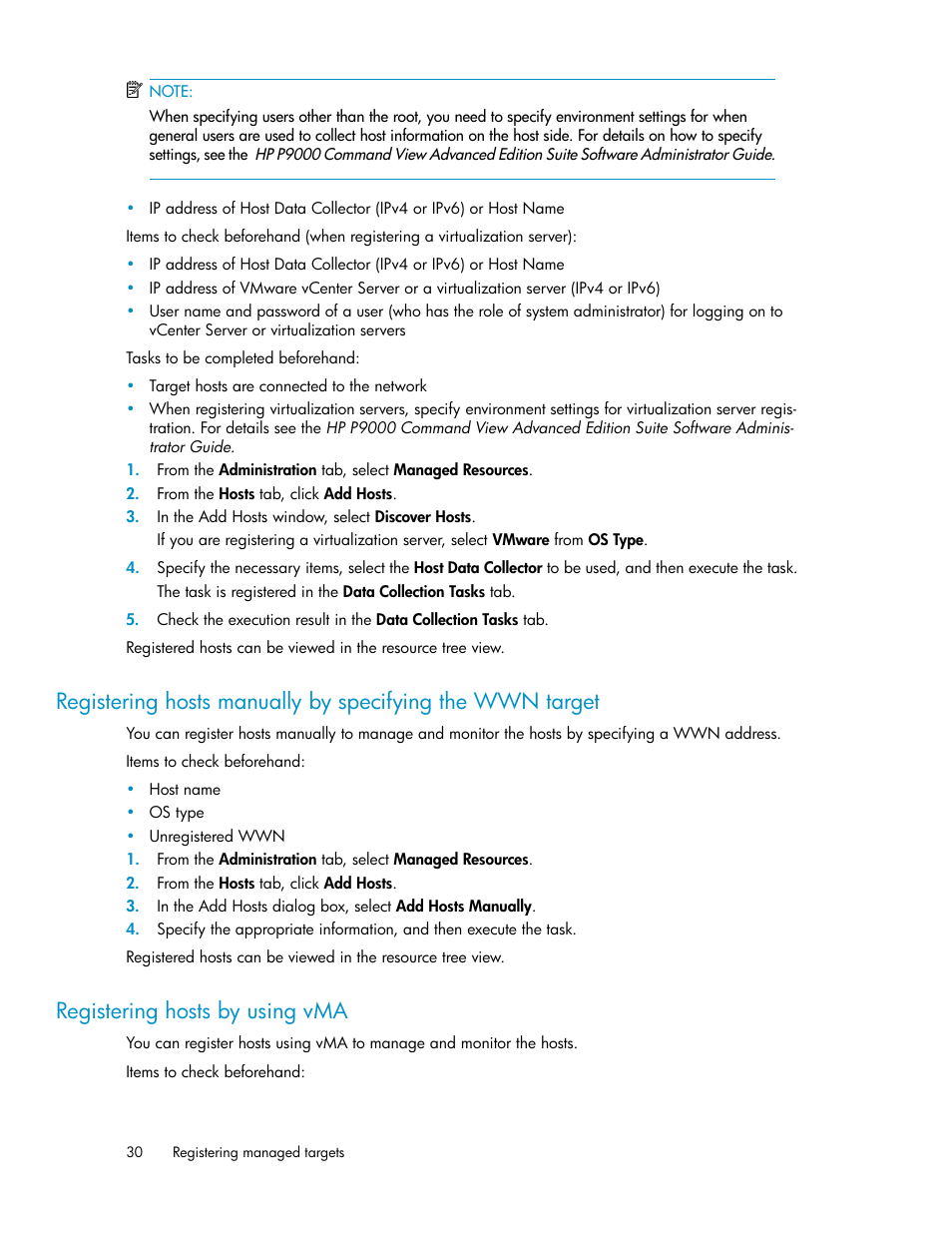 Registering hosts by using vma, 30 registering hosts by using vma | HP XP Racks User Manual | Page 30 / 158