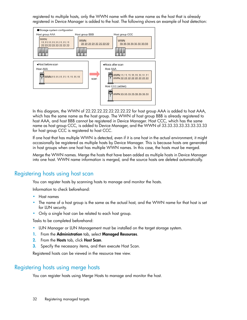 Registering hosts using host scan, Registering hosts using merge hosts, 32 registering hosts using merge hosts | HP XP Racks User Manual | Page 32 / 158