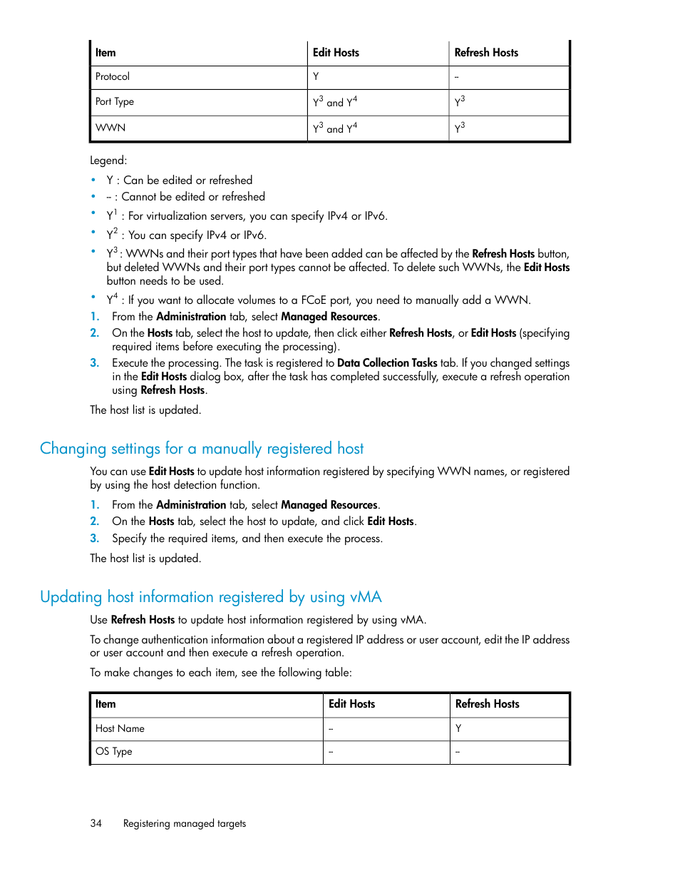 Changing settings for a manually registered host, Updating host information registered by using vma | HP XP Racks User Manual | Page 34 / 158