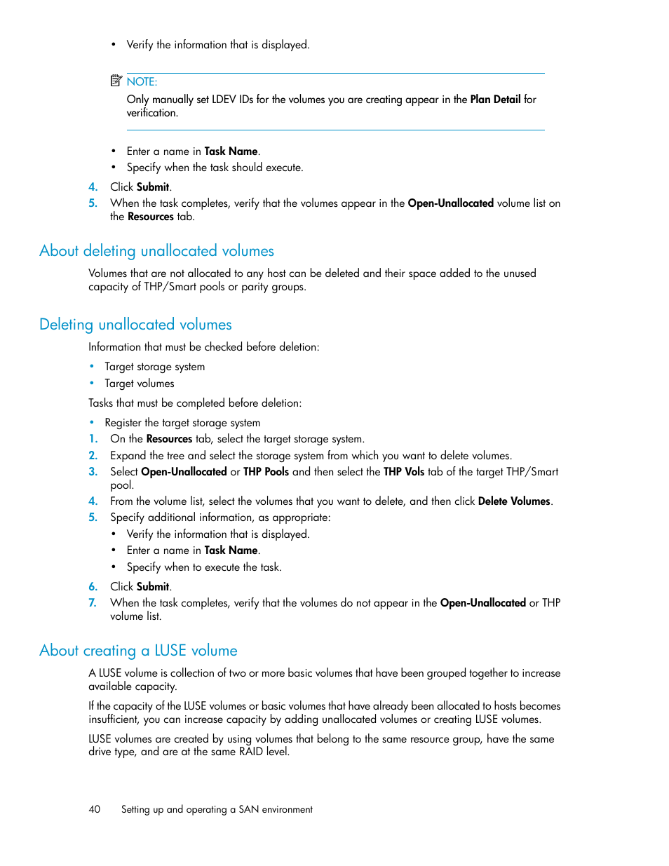 About deleting unallocated volumes, Deleting unallocated volumes, About creating a luse volume | 40 deleting unallocated volumes, 40 about creating a luse volume | HP XP Racks User Manual | Page 40 / 158