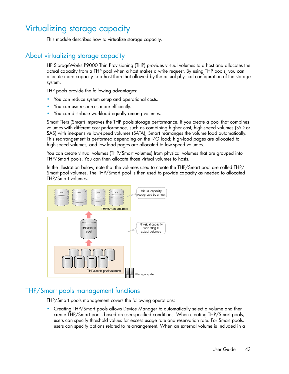 Virtualizing storage capacity, About virtualizing storage capacity, Thp/smart pools management functions | 43 thp/smart pools management functions | HP XP Racks User Manual | Page 43 / 158