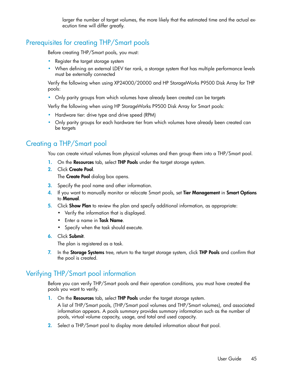 Prerequisites for creating thp/smart pools, Creating a thp/smart pool, Verifying thp/smart pool information | 45 creating a thp/smart pool, 45 verifying thp/smart pool information | HP XP Racks User Manual | Page 45 / 158