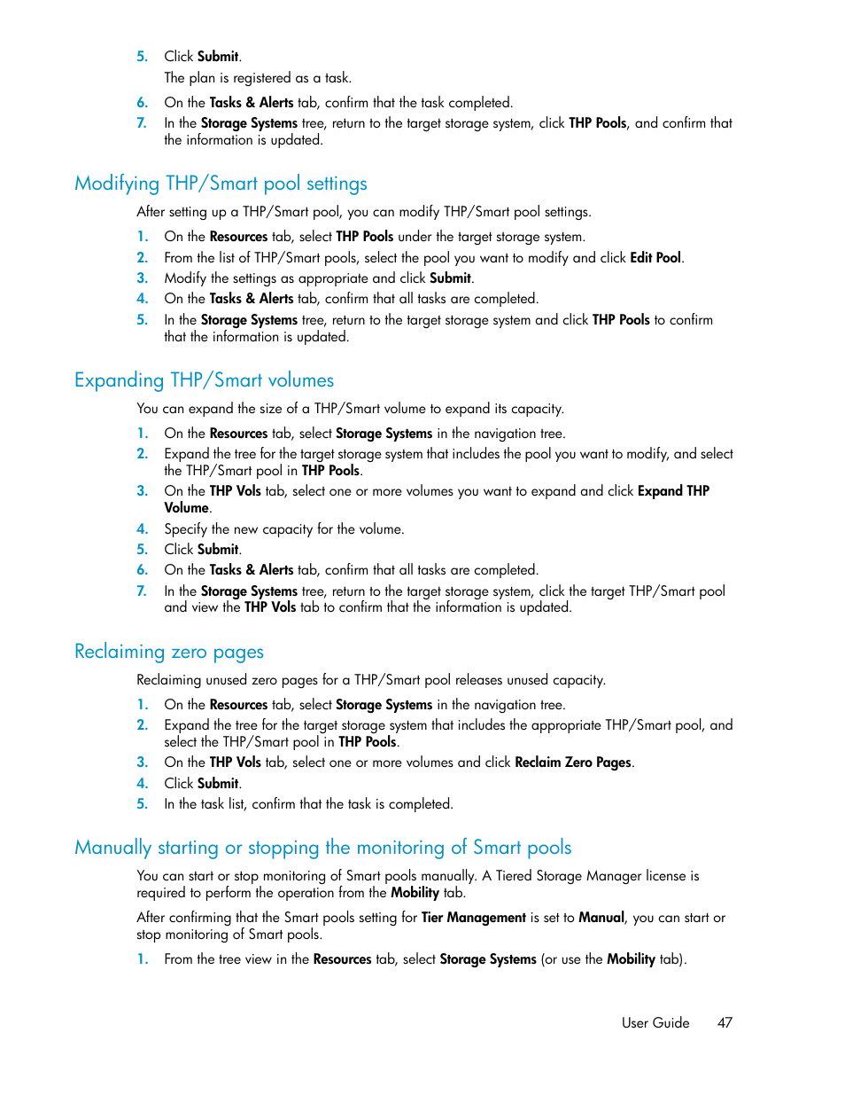 Modifying thp/smart pool settings, Expanding thp/smart volumes, 47 expanding thp/smart volumes | Reclaiming zero pages | HP XP Racks User Manual | Page 47 / 158