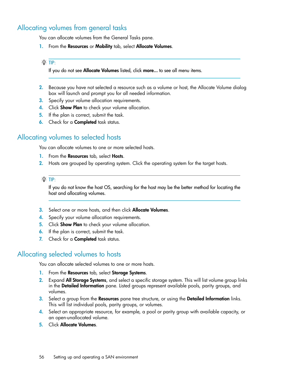 Allocating volumes from general tasks, Allocating volumes to selected hosts, Allocating selected volumes to hosts | 56 allocating volumes to selected hosts, 56 allocating selected volumes to hosts | HP XP Racks User Manual | Page 56 / 158