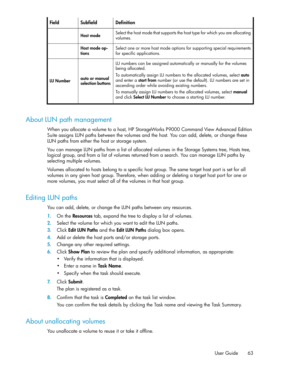 About lun path management, Editing lun paths, About unallocating volumes | 63 about unallocating volumes | HP XP Racks User Manual | Page 63 / 158