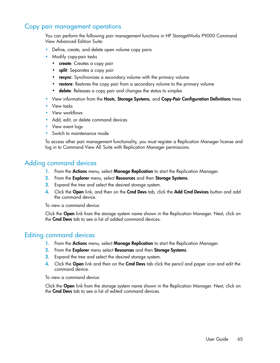 Copy pair management operations, Adding command devices, Editing command devices | 65 adding command devices, 65 editing command devices | HP XP Racks User Manual | Page 65 / 158