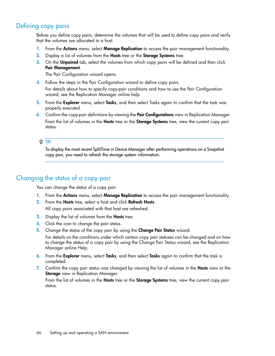 Defining copy pairs, Changing the status of a copy pair, 66 changing the status of a copy pair | HP XP Racks User Manual | Page 66 / 158
