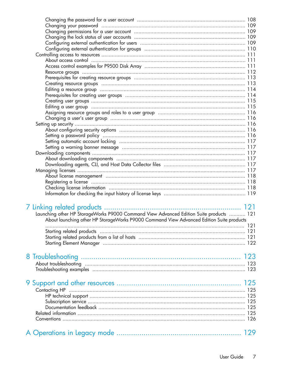7 linking related products, 8 troubleshooting, 9 support and other resources | A operations in legacy mode | HP XP Racks User Manual | Page 7 / 158