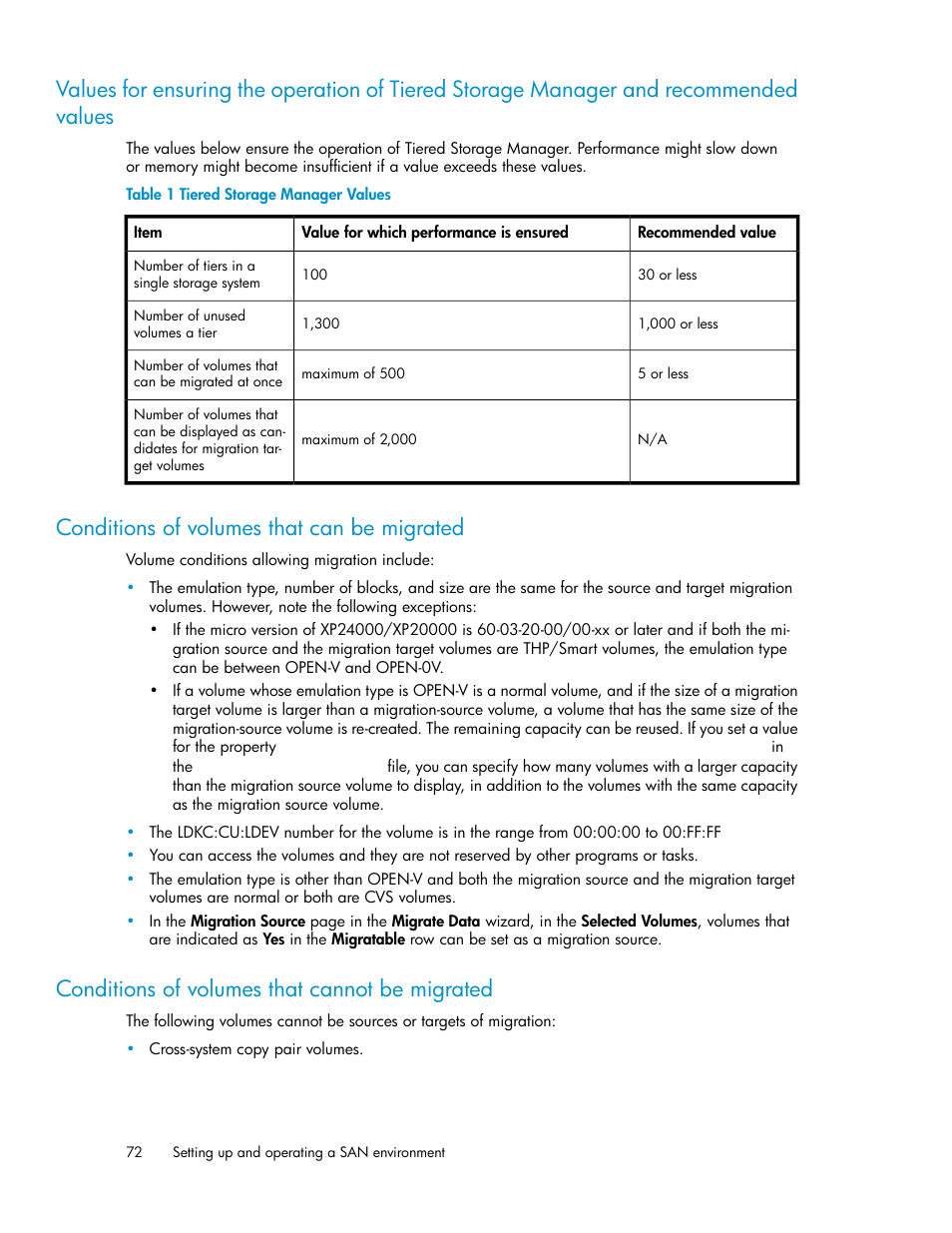 Conditions of volumes that can be migrated, Conditions of volumes that cannot be migrated, 72 conditions of volumes that can be migrated | 72 conditions of volumes that cannot be migrated, Tiered storage manager values | HP XP Racks User Manual | Page 72 / 158