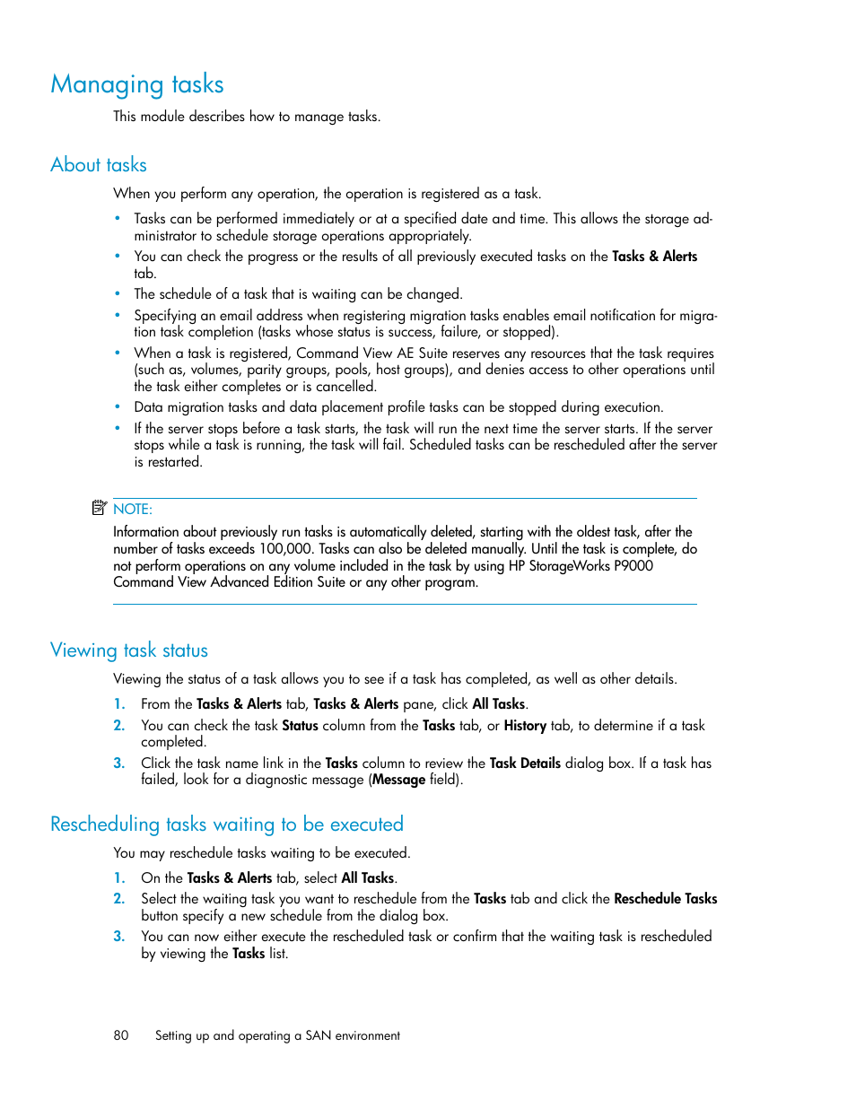 Managing tasks, About tasks, Viewing task status | Rescheduling tasks waiting to be executed, 80 viewing task status, 80 rescheduling tasks waiting to be executed | HP XP Racks User Manual | Page 80 / 158