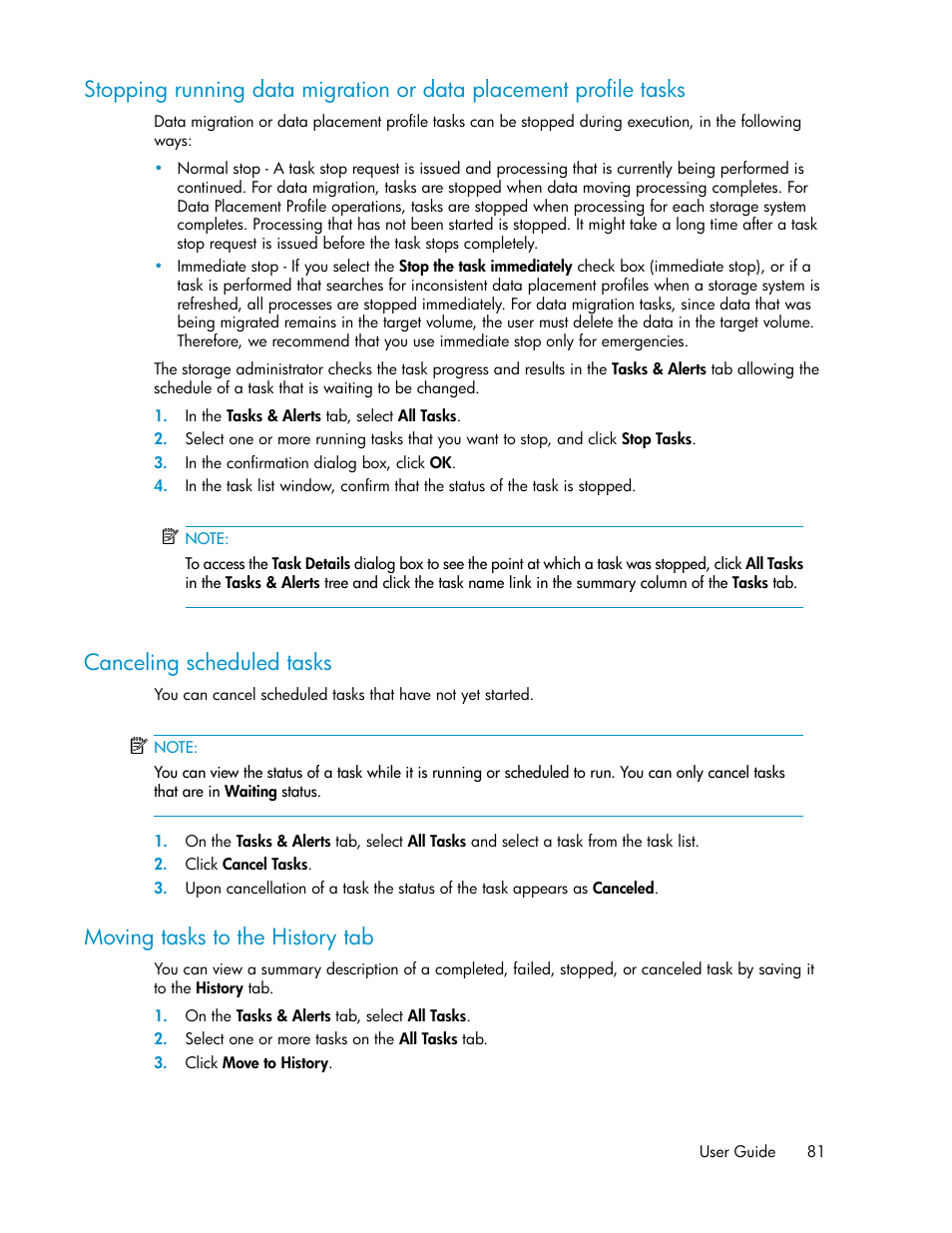 Canceling scheduled tasks, Moving tasks to the history tab, 81 canceling scheduled tasks | 81 moving tasks to the history tab | HP XP Racks User Manual | Page 81 / 158