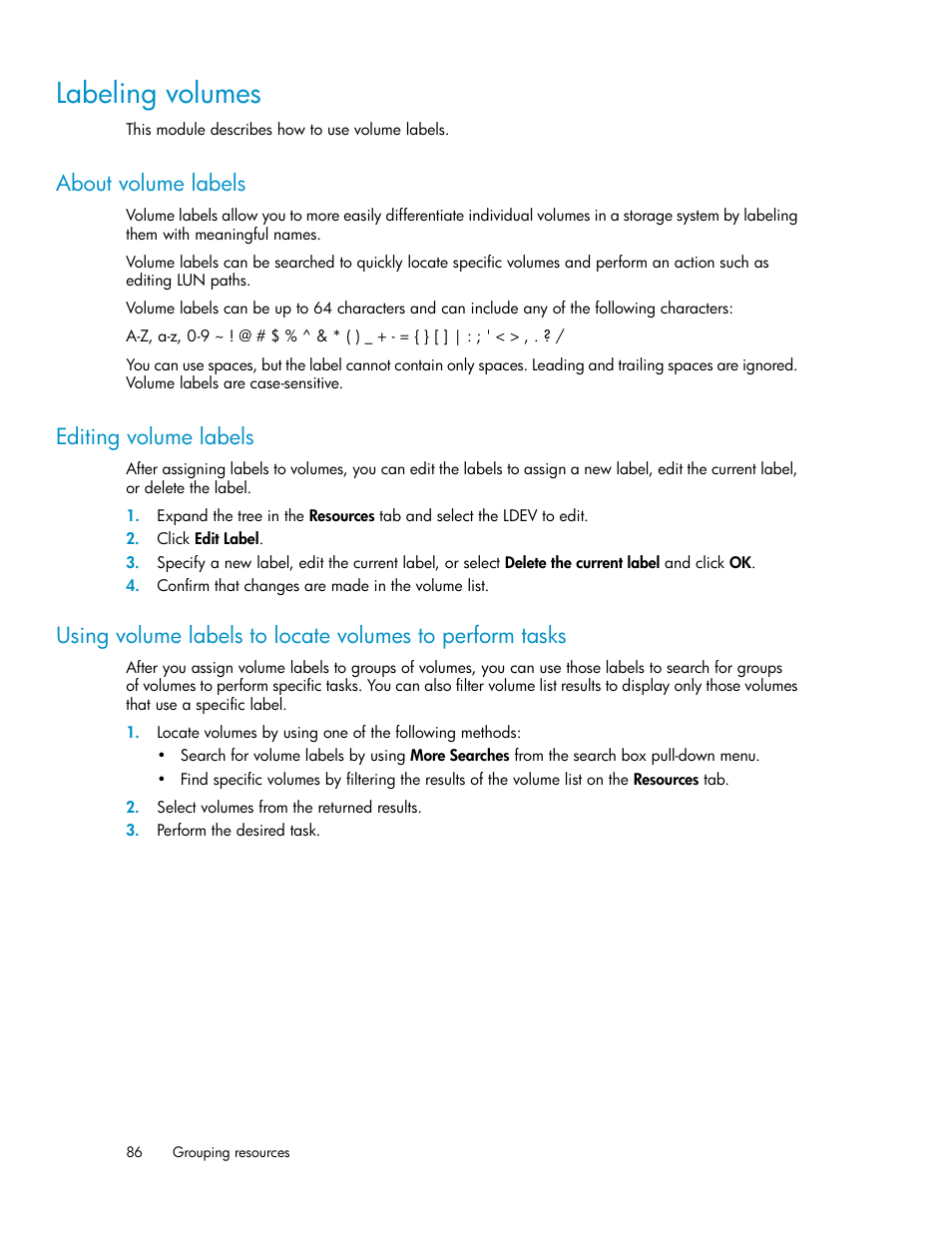 Labeling volumes, About volume labels, Editing volume labels | HP XP Racks User Manual | Page 86 / 158