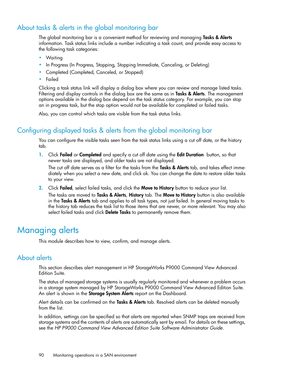 About tasks & alerts in the global monitoring bar, Managing alerts, About alerts | HP XP Racks User Manual | Page 90 / 158