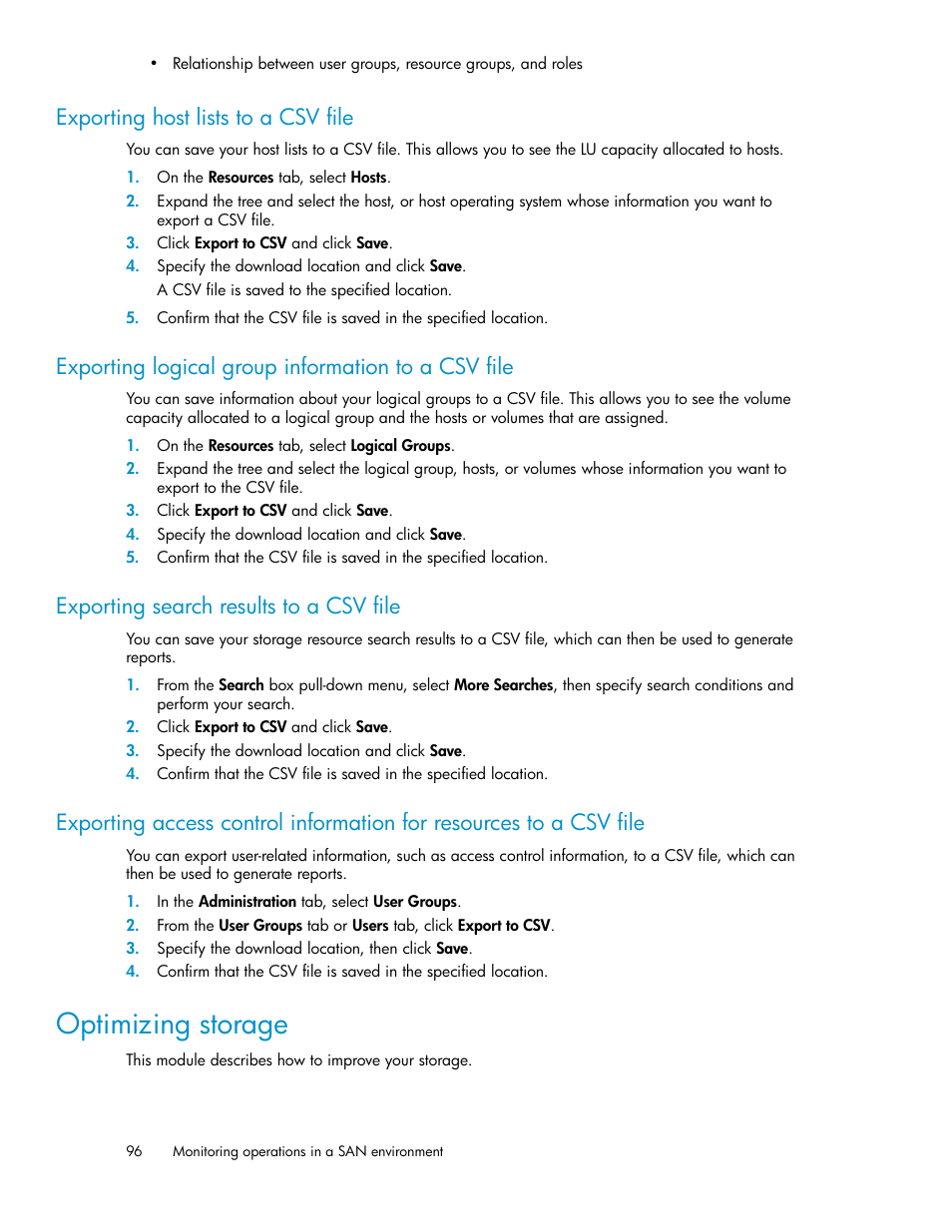 Exporting host lists to a csv file, Exporting logical group information to a csv file, Exporting search results to a csv file | Optimizing storage, 96 exporting search results to a csv file | HP XP Racks User Manual | Page 96 / 158