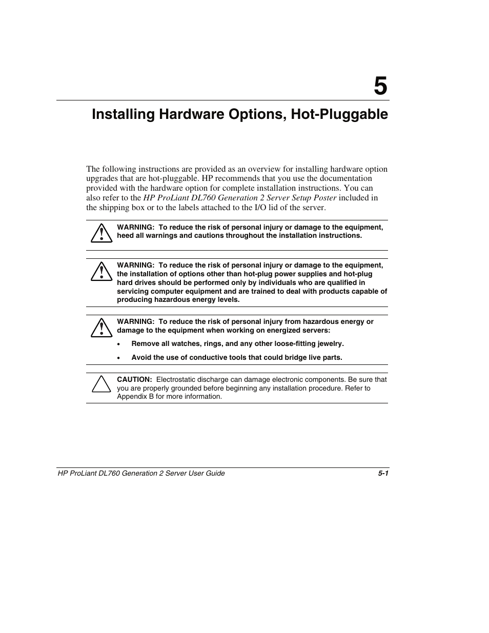 Chapter 5, Installing hardware options, hot-pluggable | HP ProLiant DL760 G2 Server User Manual | Page 116 / 299