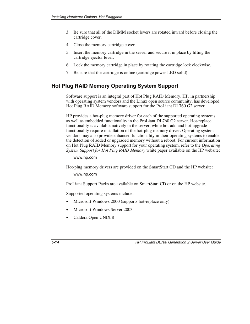 Hot plug raid memory operating system support, Hot plug raid memory operating system support -14 | HP ProLiant DL760 G2 Server User Manual | Page 129 / 299