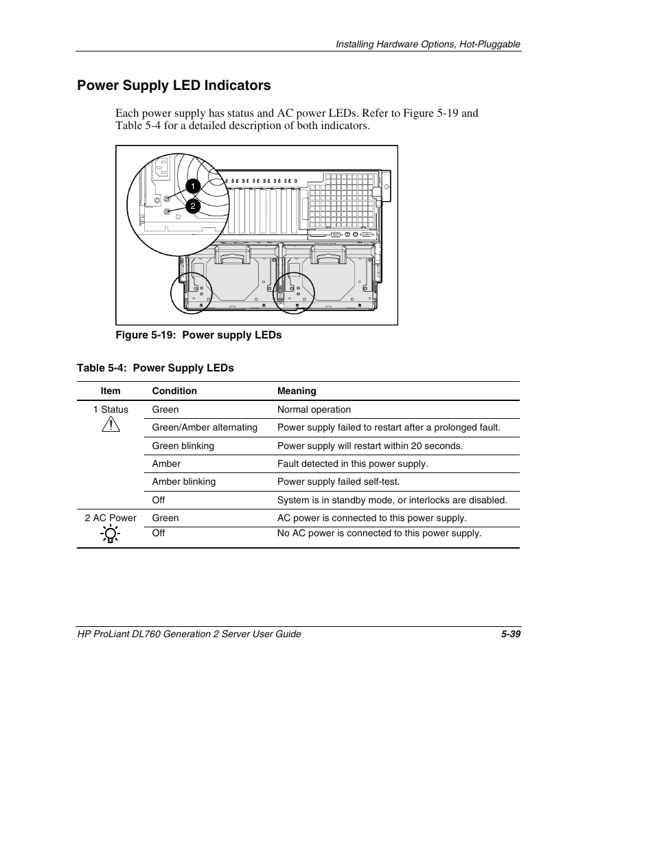 Power supply led indicators, Power supply led indicators -39 | HP ProLiant DL760 G2 Server User Manual | Page 154 / 299