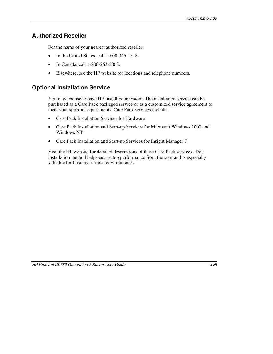 Authorized reseller, Optional installation service | HP ProLiant DL760 G2 Server User Manual | Page 16 / 299