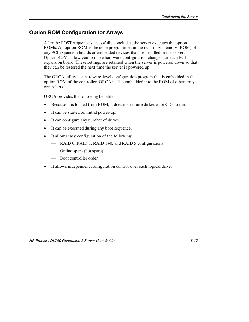 Option rom configuration for arrays, Option rom configuration for arrays -17 | HP ProLiant DL760 G2 Server User Manual | Page 210 / 299