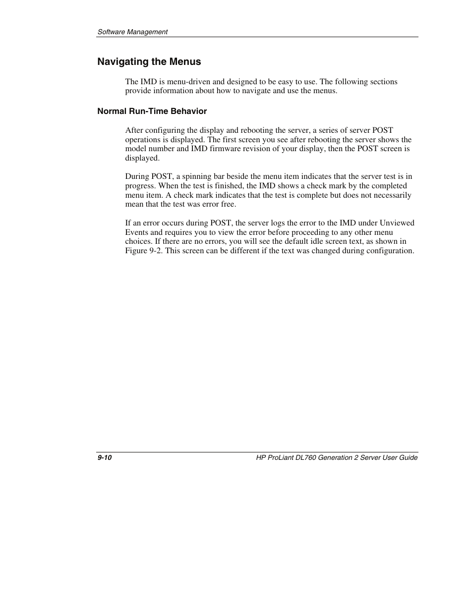 Navigating the menus, Normal run-time behavior, Navigating the menus -10 | HP ProLiant DL760 G2 Server User Manual | Page 229 / 299