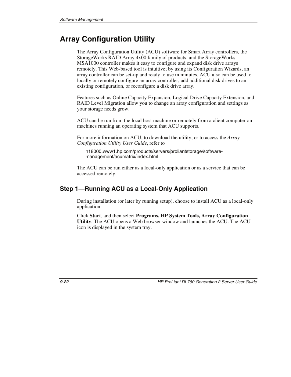 Array configuration utility, Step 1—running acu as a local-only application, Array configuration utility -22 | Step 1—running acu as a local-only application -22 | HP ProLiant DL760 G2 Server User Manual | Page 241 / 299