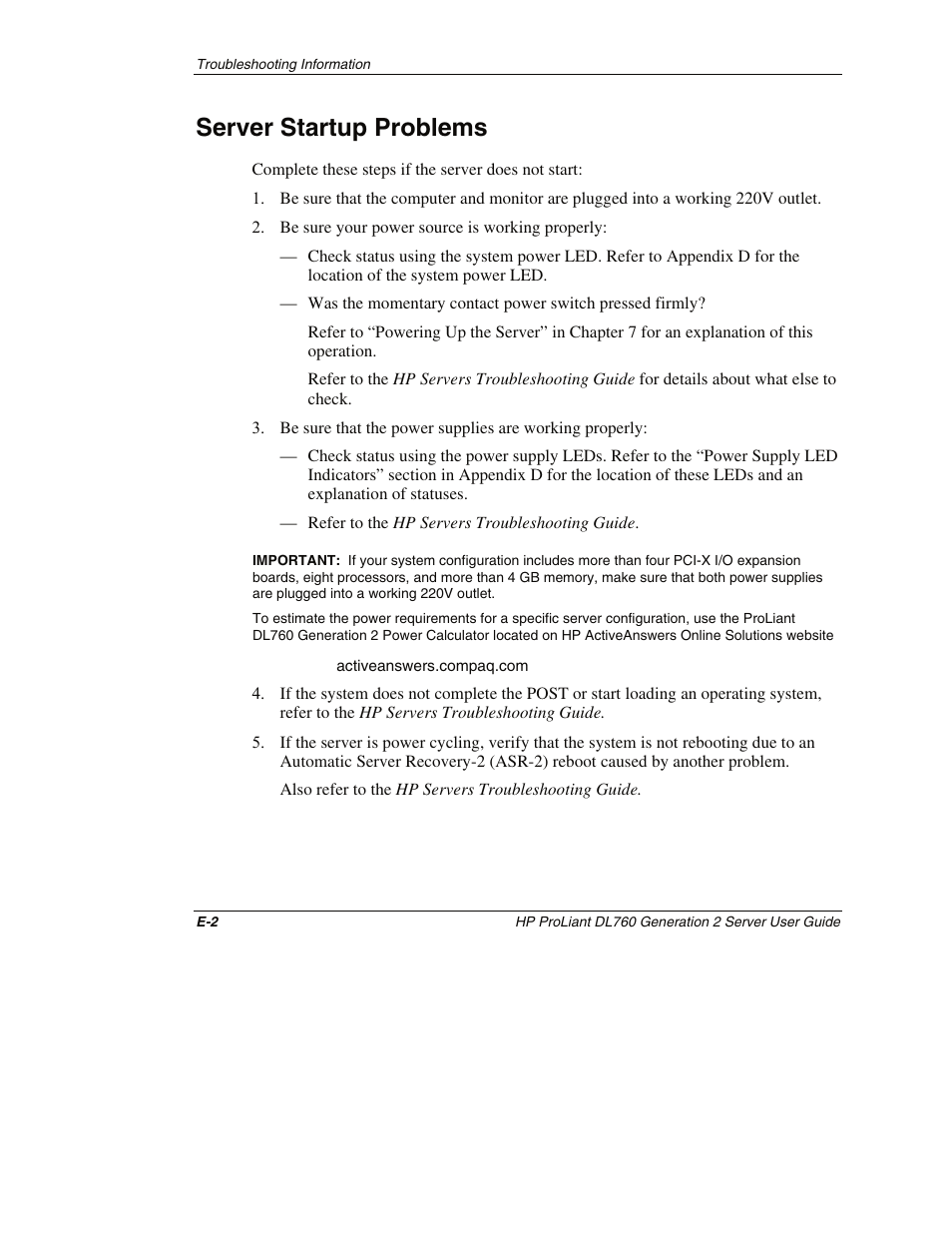 Server startup problems | HP ProLiant DL760 G2 Server User Manual | Page 270 / 299