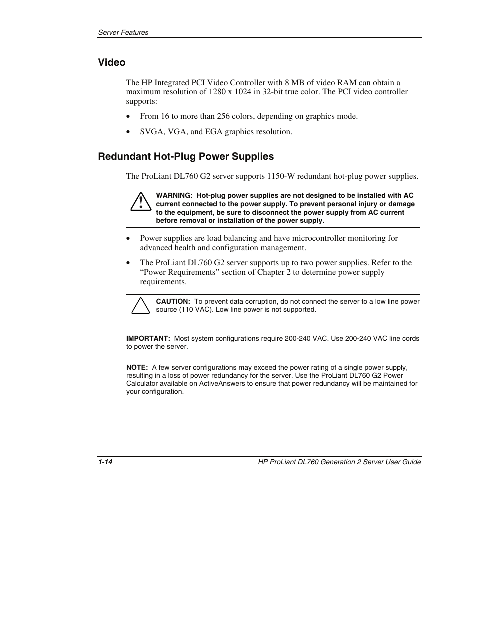 Video, Redundant hot-plug power supplies, Video -14 | Redundant hot-plug power supplies -14 | HP ProLiant DL760 G2 Server User Manual | Page 31 / 299