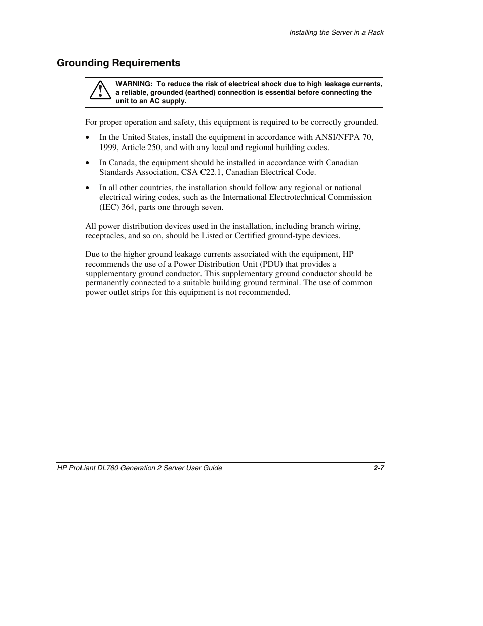 Grounding requirements, Grounding requirements -7 | HP ProLiant DL760 G2 Server User Manual | Page 51 / 299