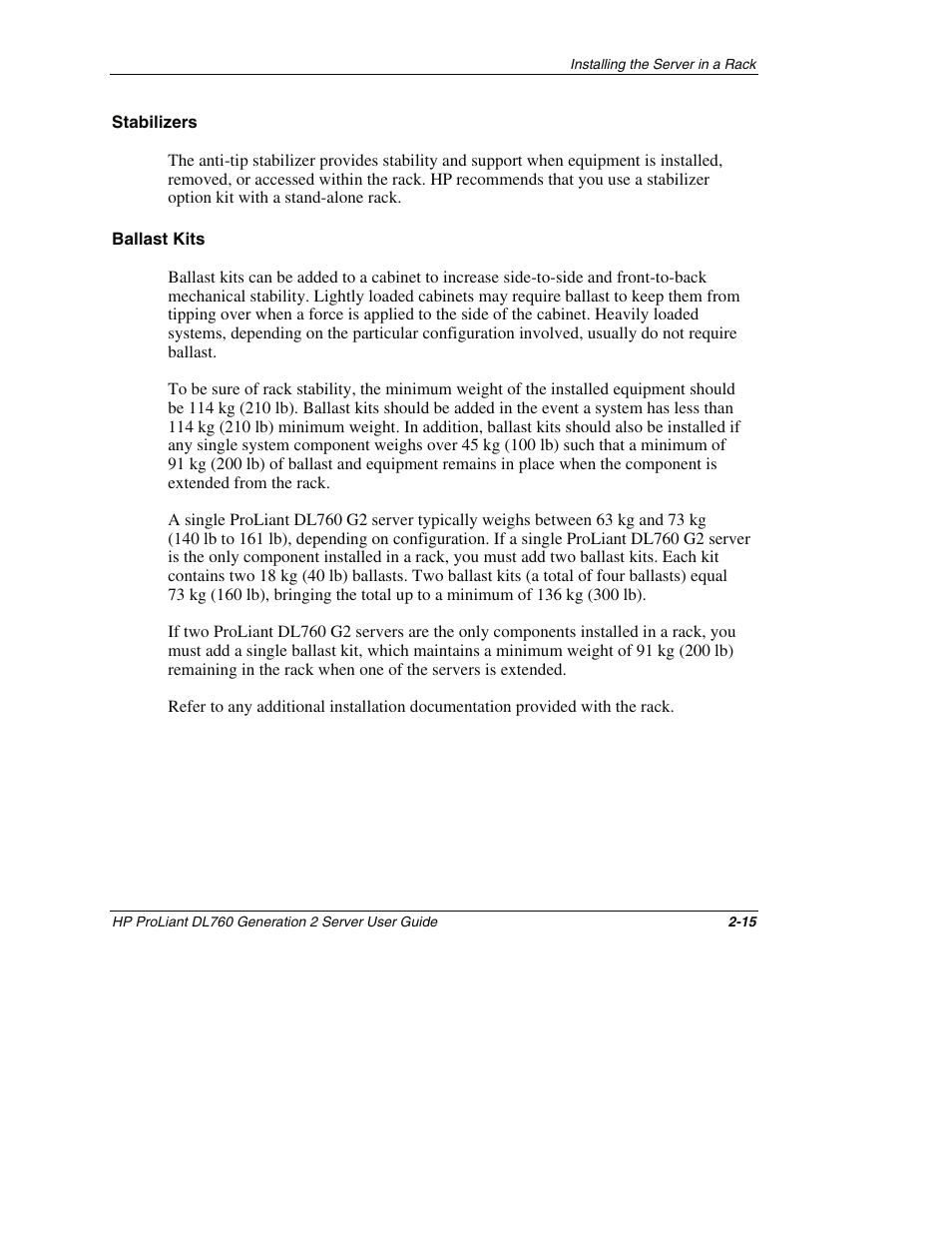 Stabilizers, Ballast kits | HP ProLiant DL760 G2 Server User Manual | Page 59 / 299