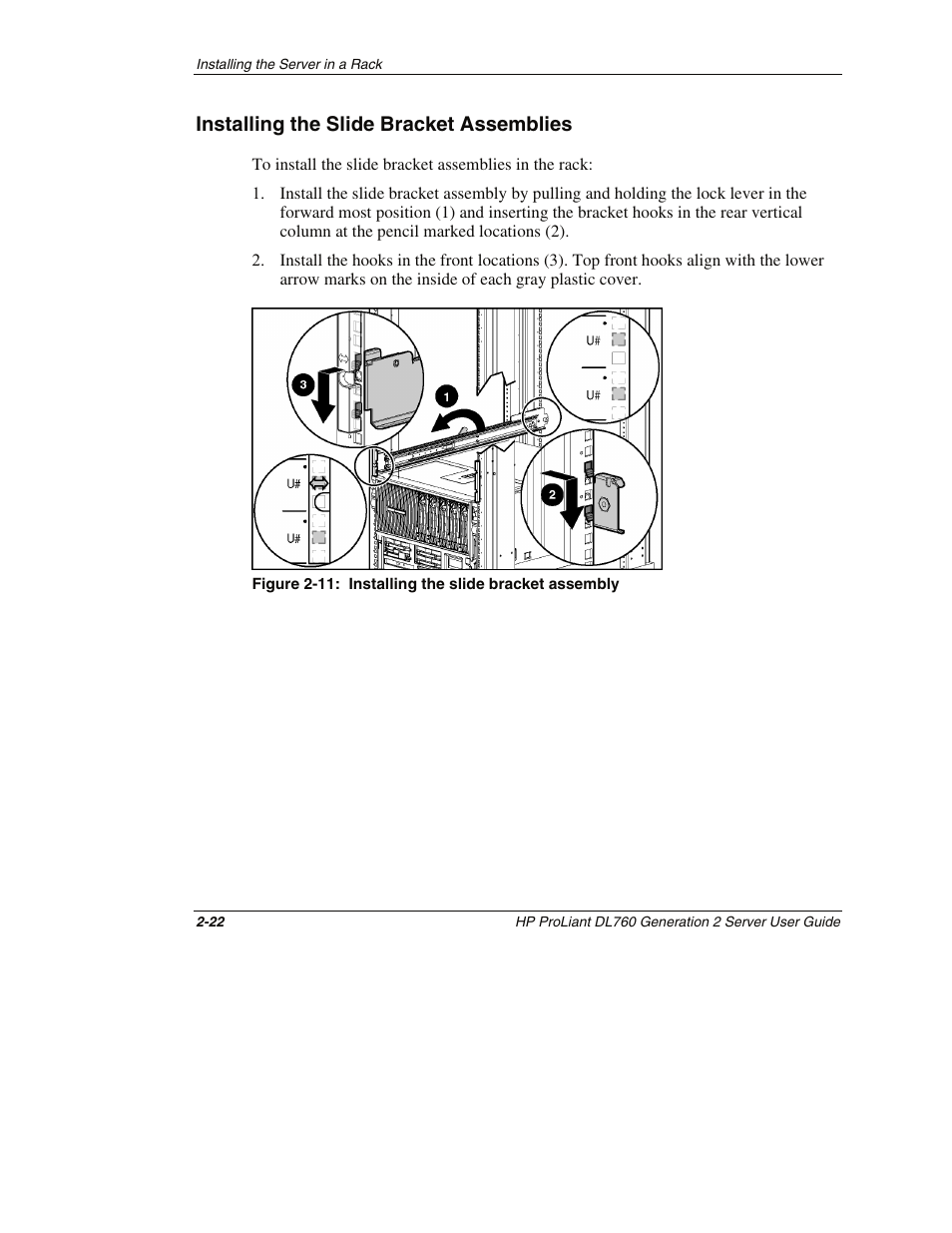 Installing the slide bracket assemblies, Installing the slide bracket assemblies -22 | HP ProLiant DL760 G2 Server User Manual | Page 66 / 299