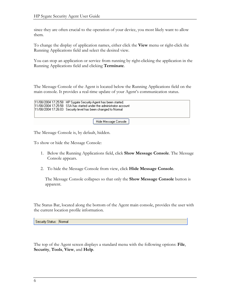 Using the menus and the toolbar, Message console status bar | HP Compaq t5720 Thin Client User Manual | Page 16 / 76