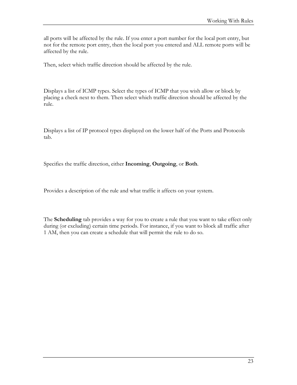 Scheduling tab, Icmp ip type, Traffic direction rule summary field | HP Compaq t5720 Thin Client User Manual | Page 33 / 76