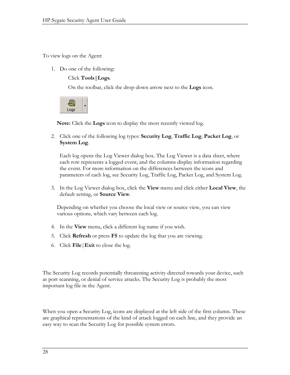 Viewing logs, Security log, Viewing logs security log | Icons for the security log | HP Compaq t5720 Thin Client User Manual | Page 38 / 76