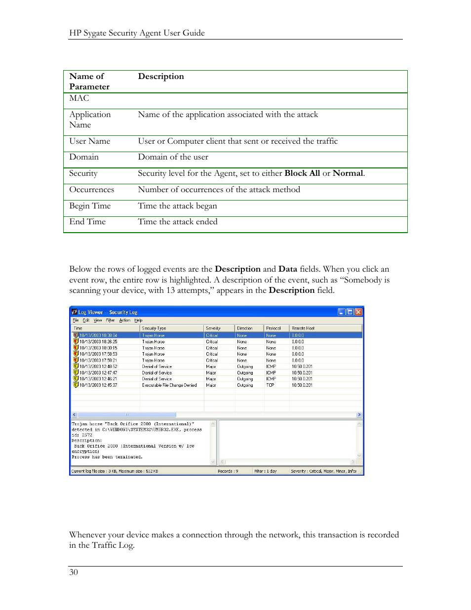 Traffic log, Description and data fields for the security log | HP Compaq t5720 Thin Client User Manual | Page 40 / 76