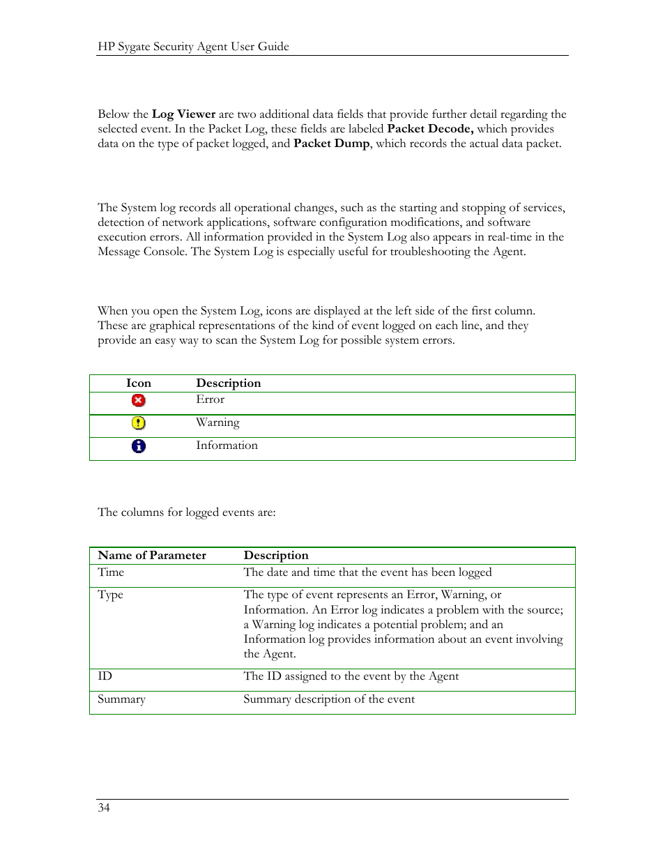 System log, Packet decode and packet dump for the packet log, Icons for the system log | System log parameters and description | HP Compaq t5720 Thin Client User Manual | Page 44 / 76