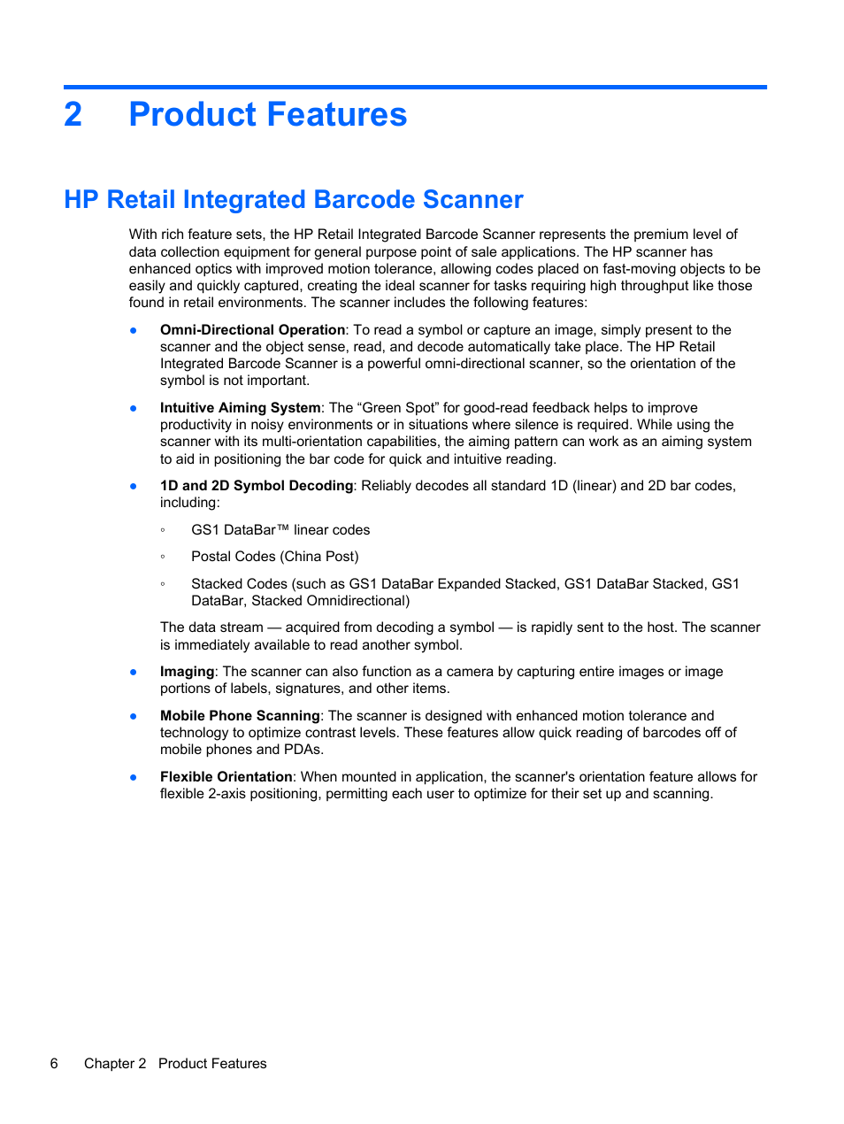 Product features, Hp retail integrated barcode scanner, 2 product features | 2product features | HP RP7 Retail System Model 7800 User Manual | Page 12 / 32