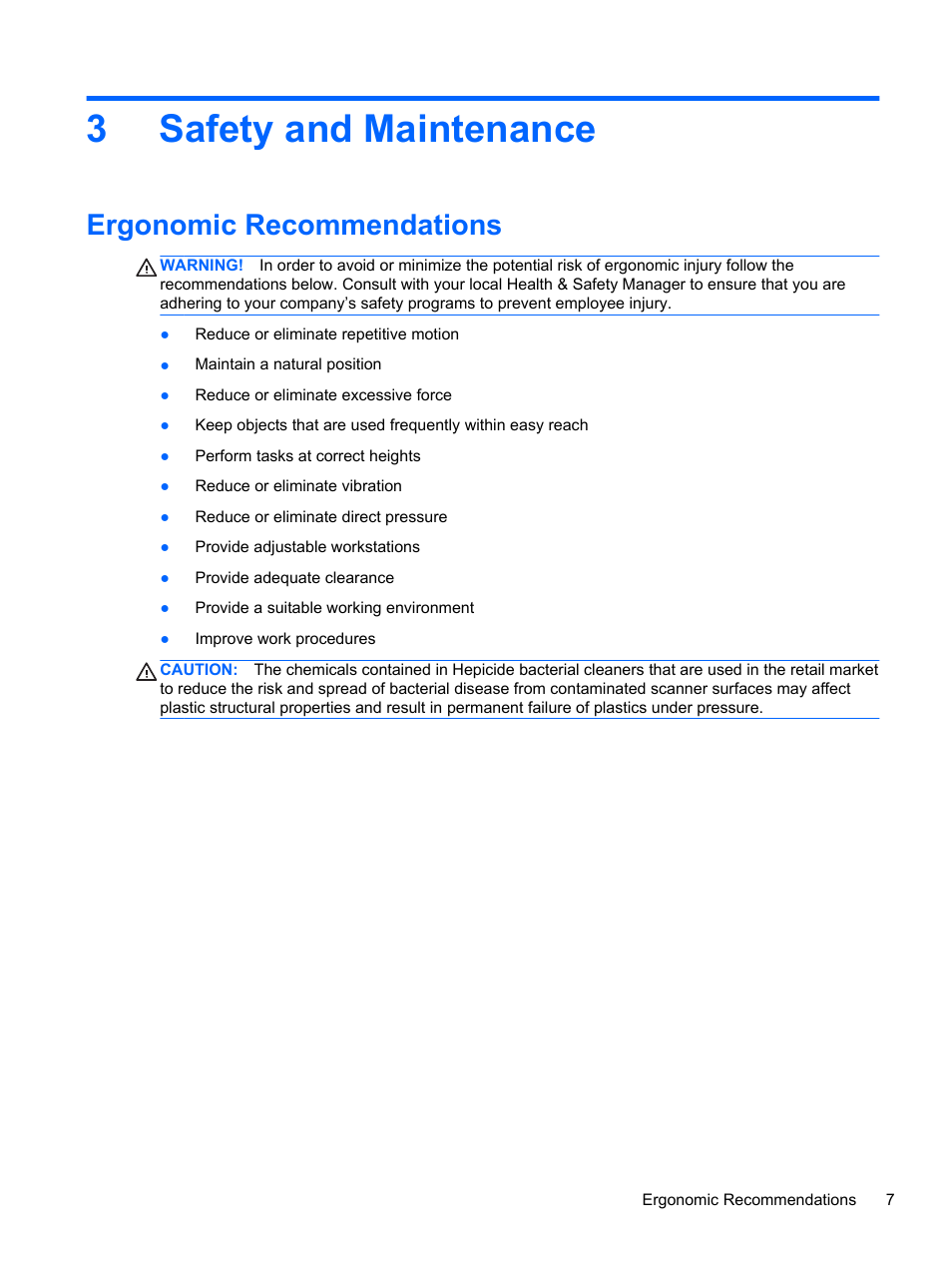 Safety and maintenance, Ergonomic recommendations, 3 safety and maintenance | 3safety and maintenance | HP RP7 Retail System Model 7800 User Manual | Page 13 / 32