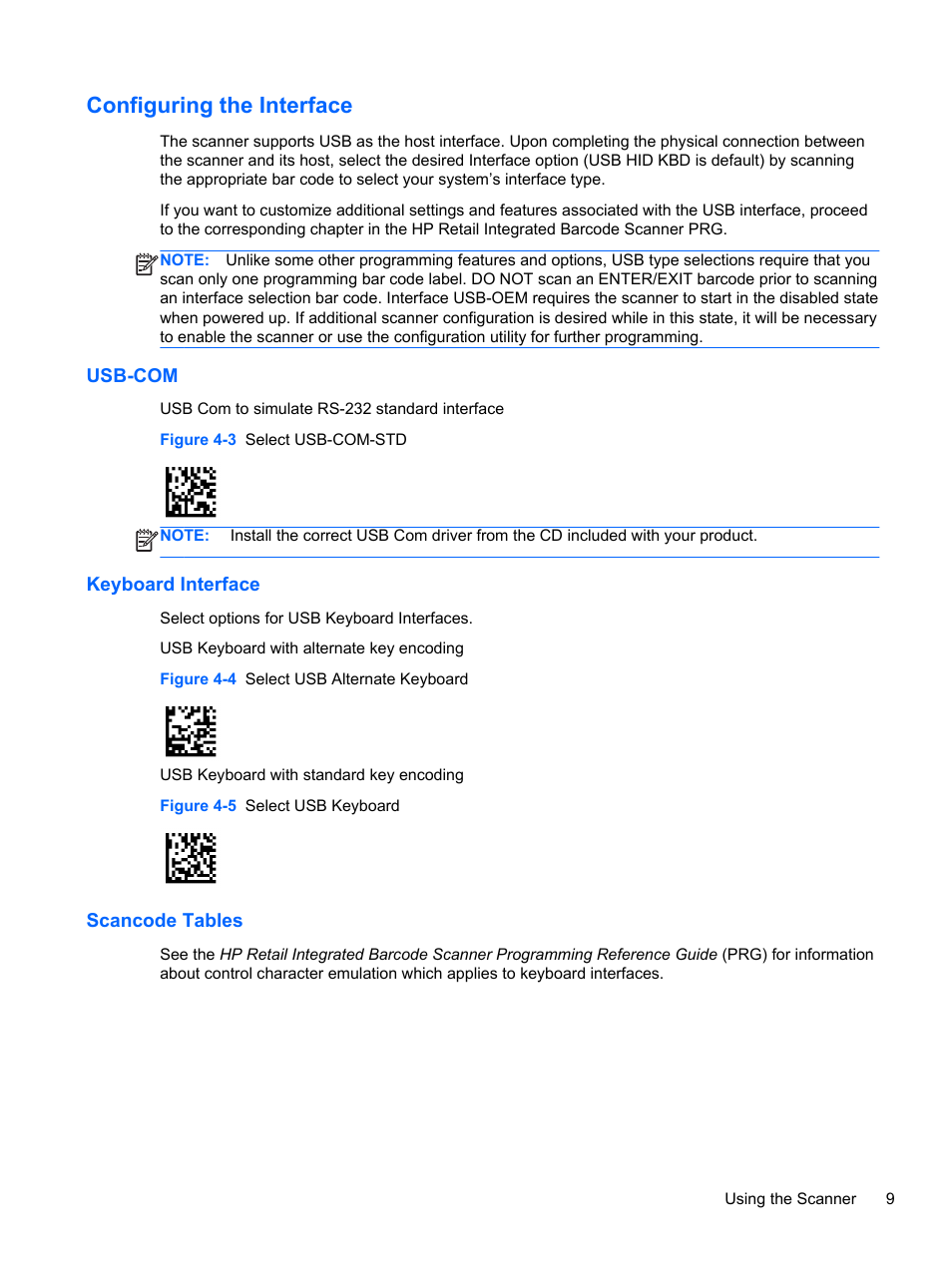 Configuring the interface, Usb-com, Keyboard interface | Scancode tables, Usb-com keyboard interface scancode tables | HP RP7 Retail System Model 7800 User Manual | Page 15 / 32