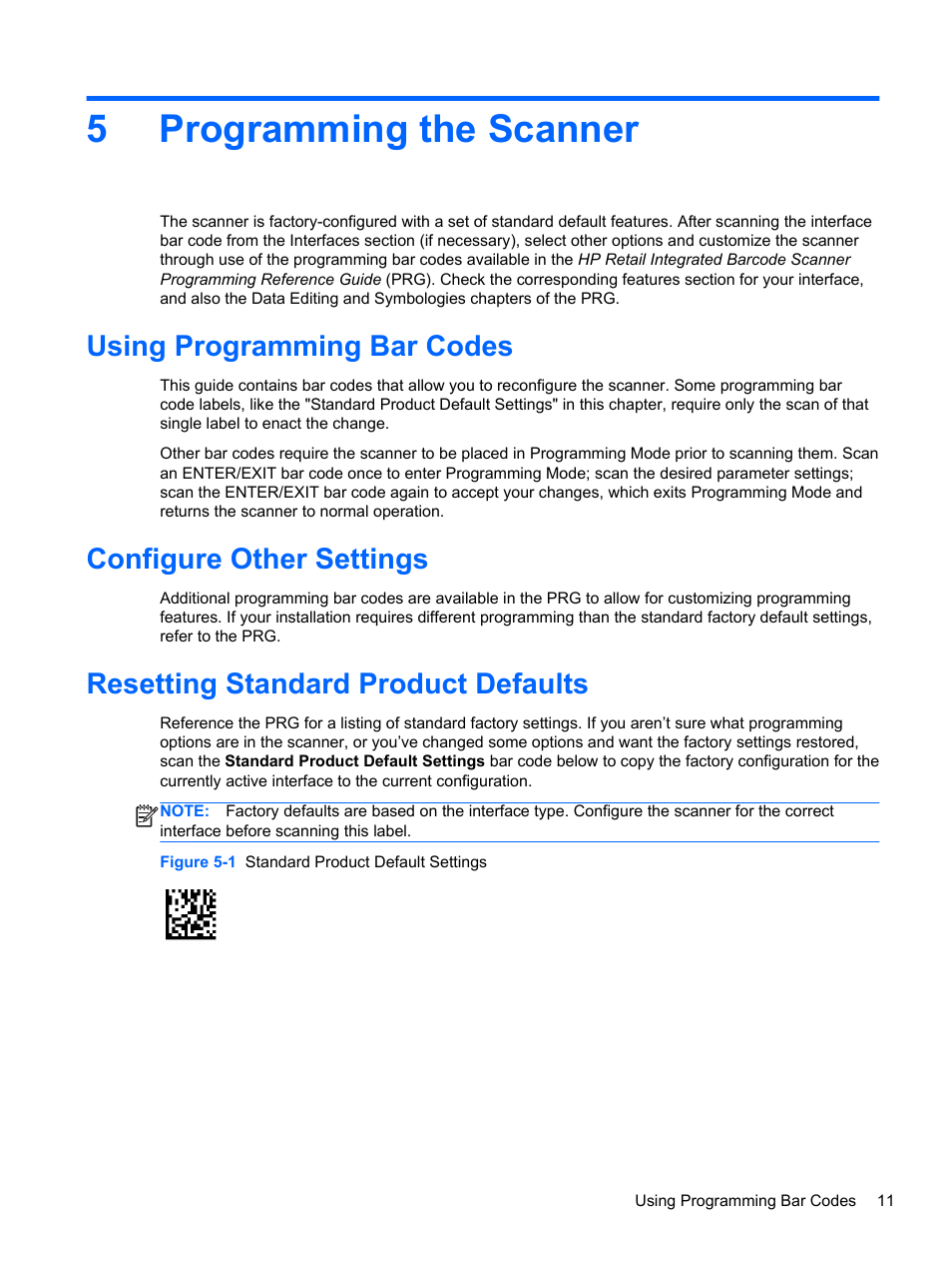 Programming the scanner, Using programming bar codes, Configure other settings | Resetting standard product defaults, 5 programming the scanner, Optional, 5programming the scanner | HP RP7 Retail System Model 7800 User Manual | Page 17 / 32