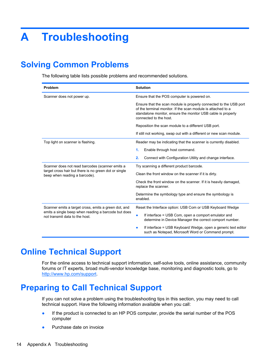 Troubleshooting, Solving common problems, Online technical support | Preparing to call technical support, Appendix a troubleshooting, Atroubleshooting | HP RP7 Retail System Model 7800 User Manual | Page 20 / 32