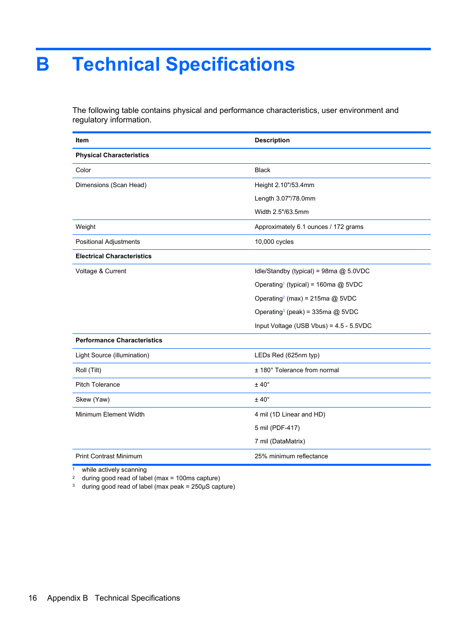 Technical specifications, Appendix b technical specifications, Btechnical specifications | HP RP7 Retail System Model 7800 User Manual | Page 22 / 32