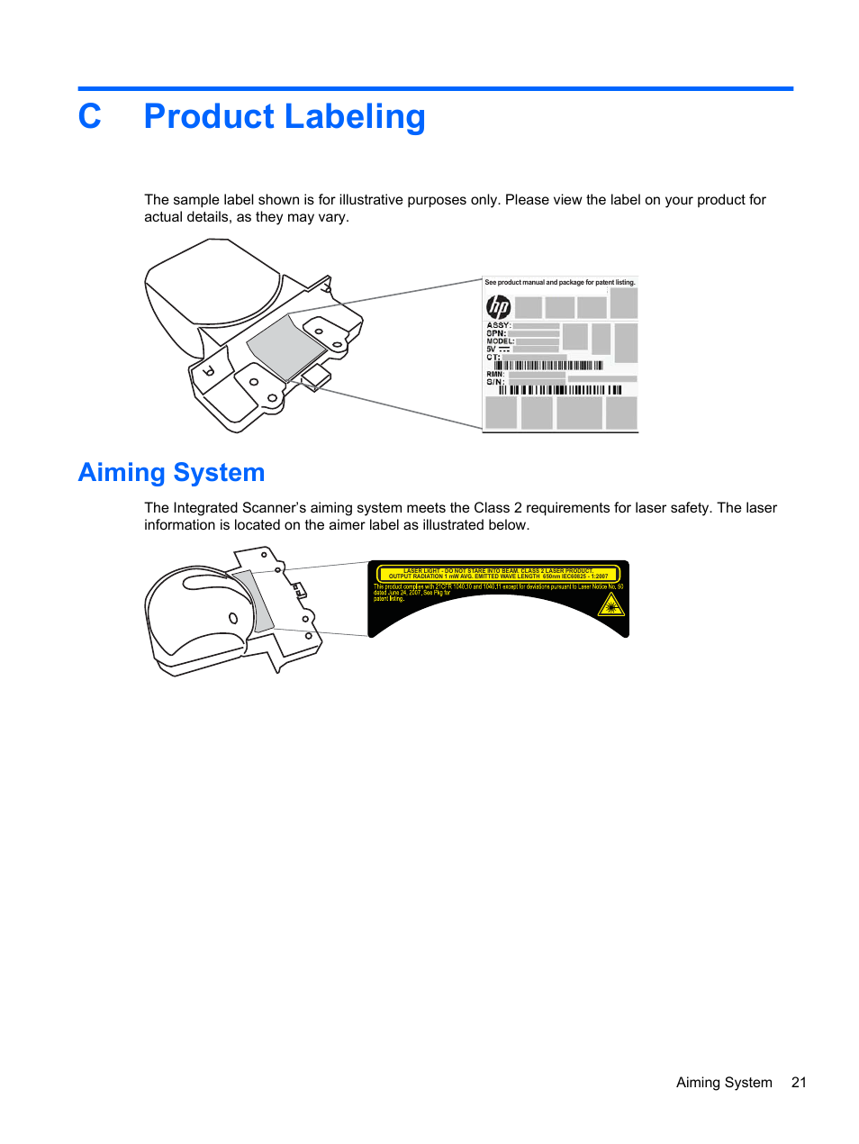 Product labeling, Aiming system, Appendix c product labeling | Cproduct labeling | HP RP7 Retail System Model 7800 User Manual | Page 27 / 32