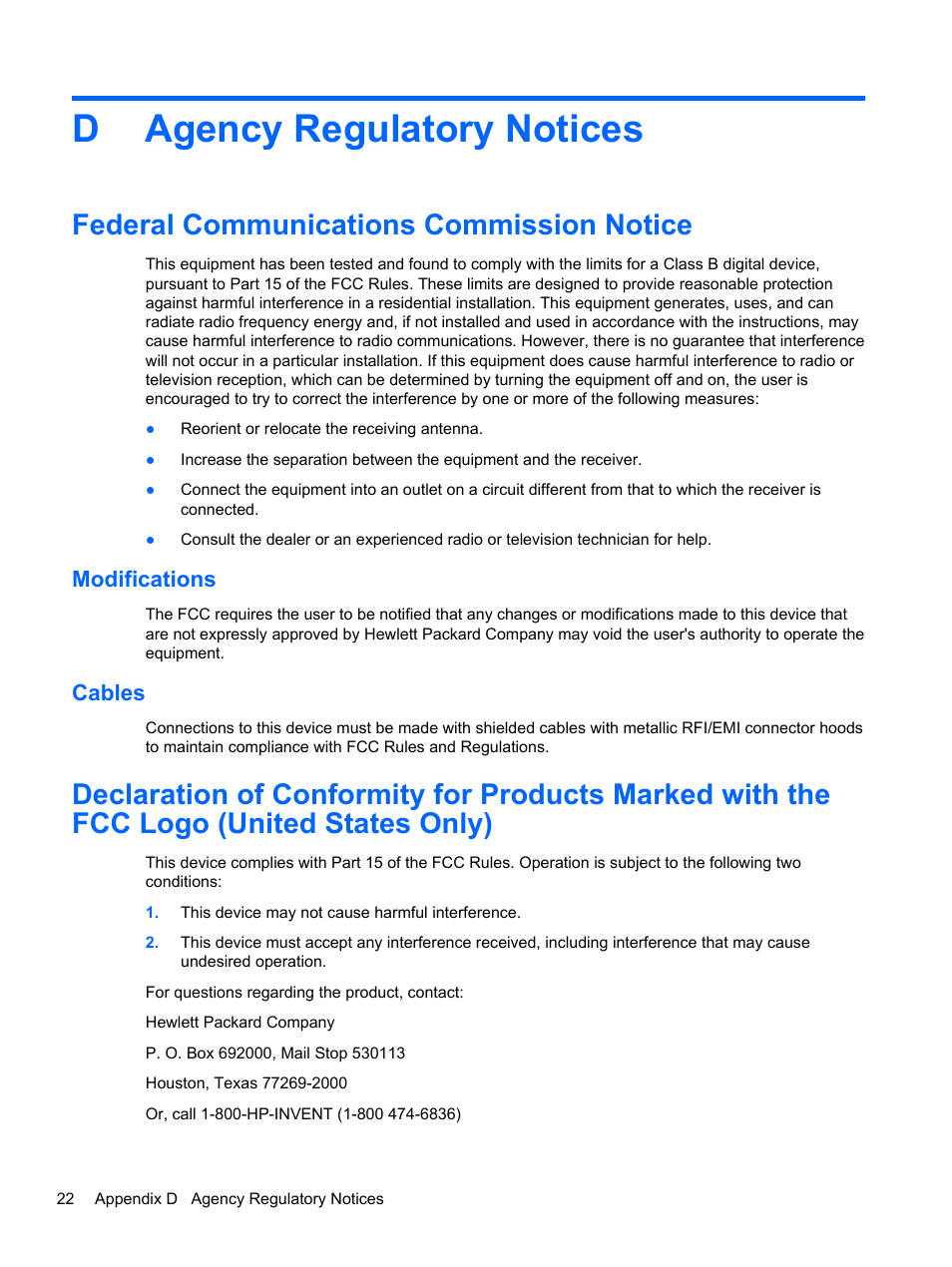 Agency regulatory notices, Federal communications commission notice, Modifications | Cables, Appendix d agency regulatory notices, Modifications cables, Dagency regulatory notices | HP RP7 Retail System Model 7800 User Manual | Page 28 / 32