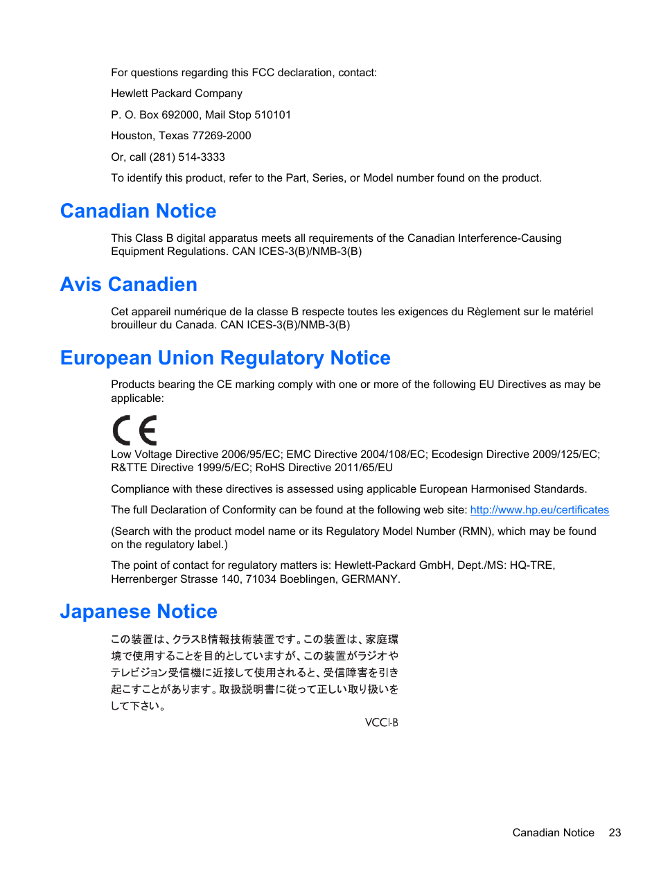 Canadian notice, Avis canadien, European union regulatory notice | Japanese notice | HP RP7 Retail System Model 7800 User Manual | Page 29 / 32